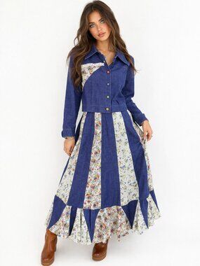 Vintage Women's ArtBro Size 9  Patchwork Dress Skirt Set Floral Denim 70s LS